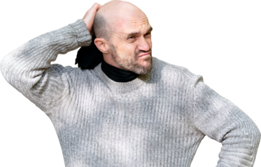 Confused bald man scratching head, isolated on transparent background. Puzzled expression, concept of thinking, problem-solving, or uncertainty.