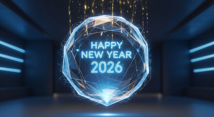Futuristic happy new year 2026 celebration with a glowing polygonal sphere and golden particles, set in a modern, minimalist room, symbolizing hope and new beginnings