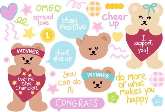 Teddy bear sport club with headband, gold medal, cheer up text and message for exercise, diet, marathon decoration, animal, sticker, cartoon characters, comic, paw activity, hobbies, healthy lifestyle