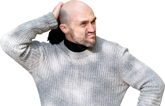 Confused bald man scratching head, isolated on transparent background. Puzzled expression, concept of thinking, problem-solving, or uncertainty.