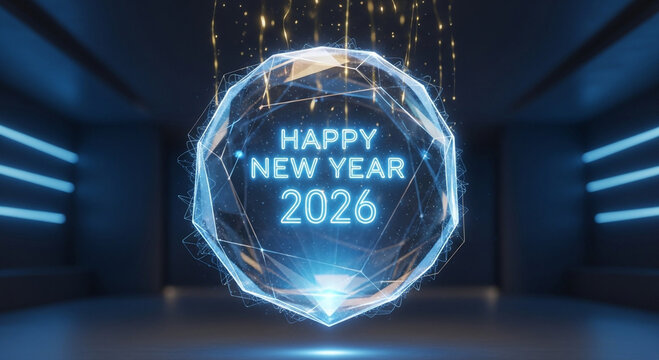 Futuristic happy new year 2026 celebration with a glowing polygonal sphere and golden particles, set in a modern, minimalist room, symbolizing hope and new beginnings