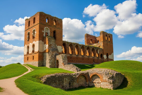 Wide angle shot of ancient crumbling red brick castle ruins standing majestically on a bright sunny day - Powered by Adobe