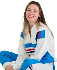 Smiling young woman in a colorful tracksuit, sitting comfortably. High-quality studio shot isolated on a transparent background, perfect for compositing and various design projects.