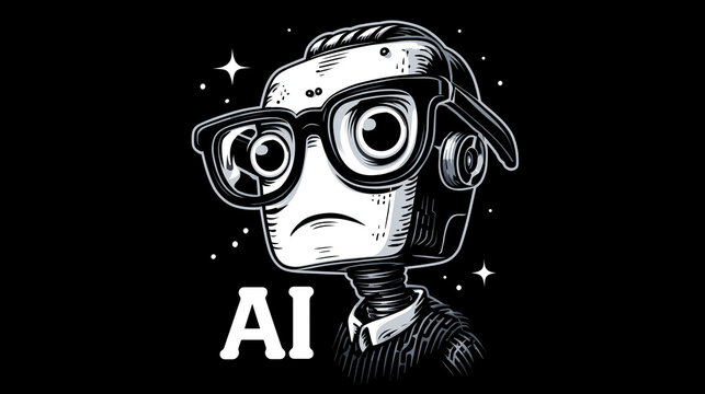 Nerdy AI Robot Portrait With Glasses — Monochrome Illustration For Tech Branding and Futuristic Character - Powered by Adobe