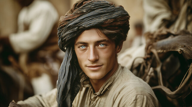 Handsome Young Middle Eastern Man With Blue Eyes Wearing Turban In Rustic Outdoor Setting