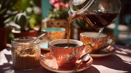 Coffee Being Poured Into Floral Red Teacup Set Outdoors on Sunny Garden Table