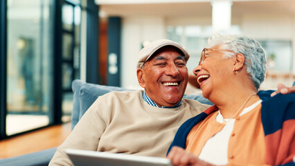 Sofa, laugh and senior couple on tablet for online streaming, subscription and bonding. Retirement...