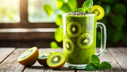 Kiwi chia smoothie with mint on rustic wooden table, fresh sliced kiwis, vibrant green healthy drink for refreshing breakfast