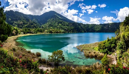 Stunning panoramic view of a turquoise lake surrounded by lush green hills