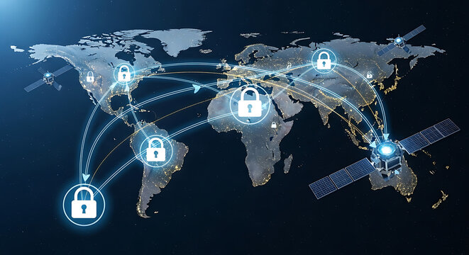 Global network security illustration with padlocks and satellites over world map background