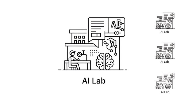 A line art illustration of a person working in an ai lab with brain and ai text bubble icons