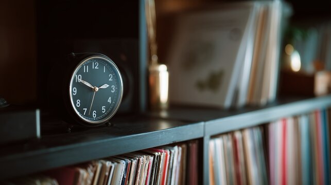 Vintage clock displayed on a shelf filled with records in a cozy setting