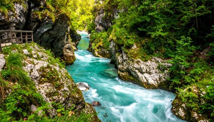 Naklejka premium Stunning river cuts through canyon, verdant trees, and natural pathways