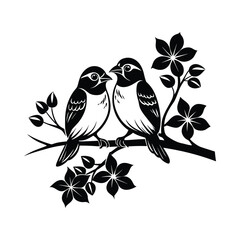 Two Birds on Branch Vector Silhouette Floral Arrangement Wildlife Illustration