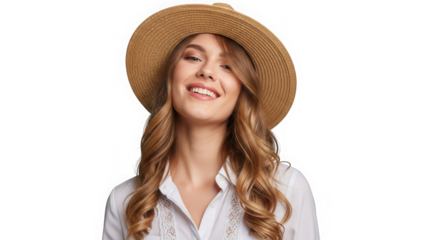 Happy young woman in straw hat smiling isolated on transparent background