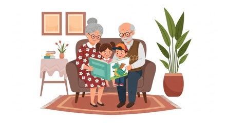 Loving grandparents reading a storybook together with their grandchild on a cozy sofa in a warm inviting living room setting