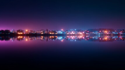 City skyline at night reflects colors in calm water under starry sky