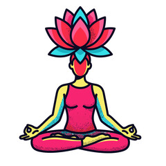 Meditation Concept Icon, Woman in Lotus Pose with Lotus Flower Crown, Spiritual Balance and Inner Peace Vector Illustration