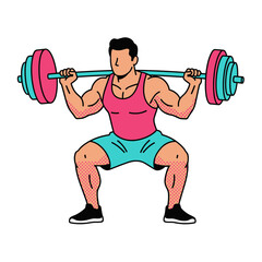 Obraz premium Gym Workout Icon, Man Performing Barbell Squat Exercise, Weightlifting, Fitness and Strength Training Vector Illustration