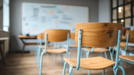 Empty Classroom With Wooden Chairs and Light Blue Metal Frames, Calm Learning Space