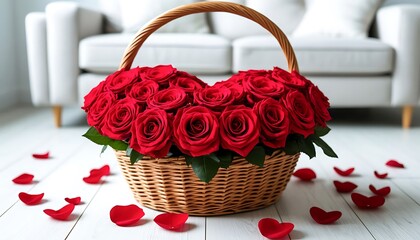 Red roses arranged in a lovely heart shape within a wicker basket, with scattered petals on a light wooden floor, symbolizing love and romance