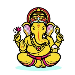 Ganesh Chaturthi Icon, Lord Ganesha Seated in Pop Art Style, Hindu Deity of Wisdom and New Beginnings Vector Illustration