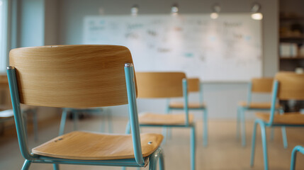 Fototapeta premium Empty Classroom With Light Wooden Chairs And Blue Metal Frames In Modern School