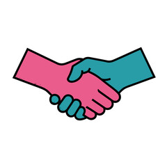 Pink and blue handshake icon symbolizing collaboration, agreement, partnership, business deal, cooperation, and successful teamwork, vector illustration