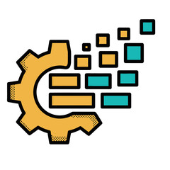 Gear wheel icon breaking down into digital pixels or blocks, symbolizing digital transformation, data, technology, engineering, and innovation, vector illustration © InArch Design Studio