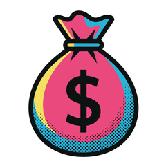 Untitled-1Bright pink and blue money bag or sack with a black dollar sign ($), symbolizing wealth, business, finance, and profit, pop art vector illustration