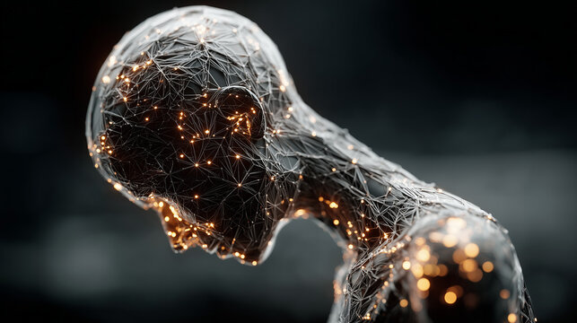 Abstract AI Figure Made of Neural Network Mesh with Glowing Nodes and Dark Background