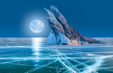 Ogoy Island on Lake Baikal in winter -  A granite rock with steep slopes rises above a frozen lake...