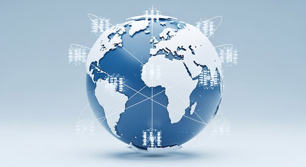 A globe with digital connections and satellite icons on a light blue background in a conceptual view