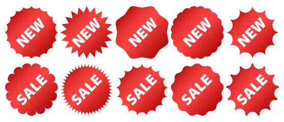 New and sale red promotional stickers, collection of marketing labels