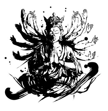 Sumi-e Thousand-Armed Kannon &ndash; Japanese Avalokiteshvara Ink Painting