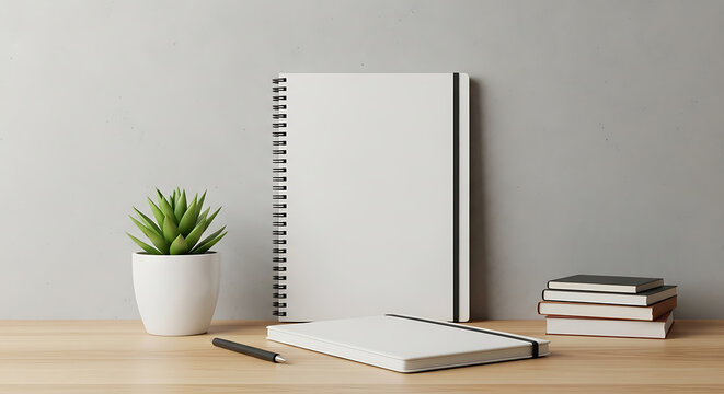 Still life of notebooks, potted succulent, and a pen on a wooden desk against a gray wall