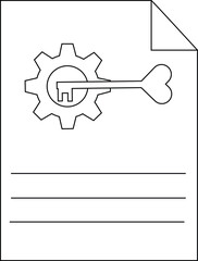 Black and white sketch of a gear key folded paper and three lines