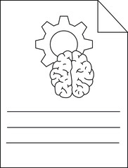 Black and white drawing of a brain under a gear on top of lined paper with a folded corner