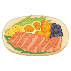 Colored cartoon line art vector illustration of a steak bowl with sliced steak, asparagus, potatoes, corn, blueberries and a soft-boiled egg. Clean outlined style with simple colors, isolated and edit