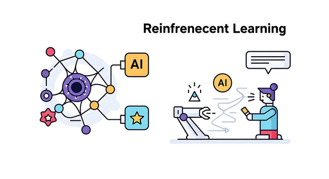 Illustration of a neural network, ai boxes, a robotic arm, and a person interacting with ai technology