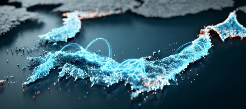 Japan and Korea digital virtual network maps. Generative video AI technology.