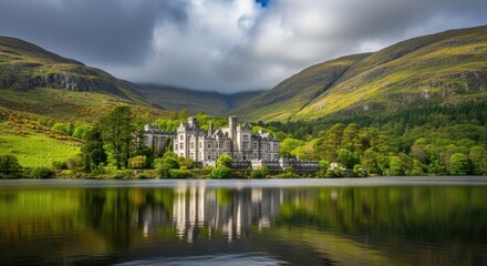 Fototapeta premium Majestic castle nestled between verdant mountains, reflected on a tranquil lake surface