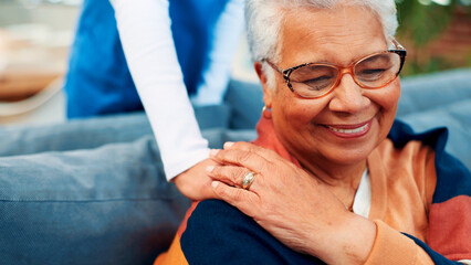 Hands, support and elderly woman with caregiver for homecare, trust or comfort in house. Happy female patient, senior care and kindness with help from nurse for advice or wellness in retirement home