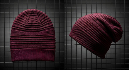 Maroon knitted beanie hat mockup template, product placement for winter fashion apparel, design project marketing and sales