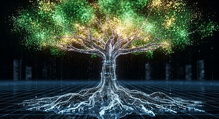 A digital tree with roots made of code and leaves of light.
