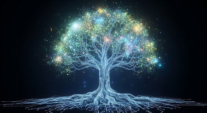 A digital tree with roots made of code and leaves of light.
