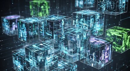 Floating cubes with data patterns on their faces.
