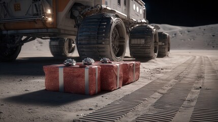 space christmas. Futuristic lunar vehicle beside a gift box on the moon's surface.