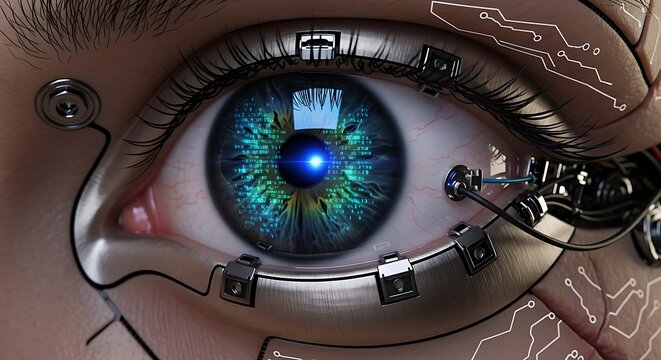 Cybernetic eye with data streaming across the iris.