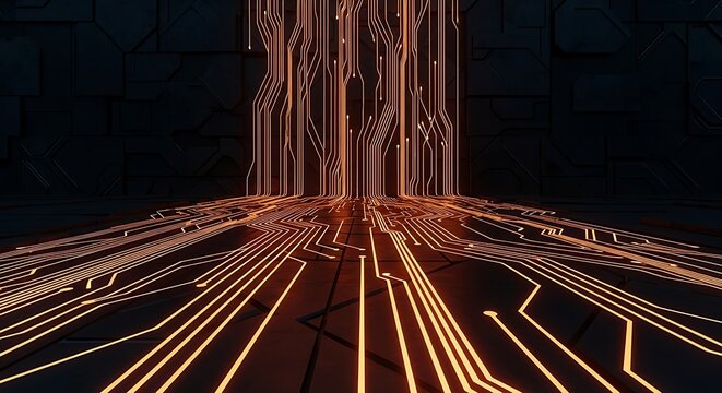 Dark tech background with glowing orange circuit lines.
